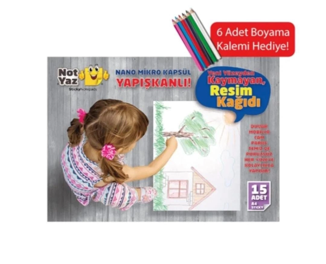 Yapışkanlı Çocuk Boyama Resim Kağıdı A4 15 SAYFA -  6’lı Boya Kalemi Hediyeli