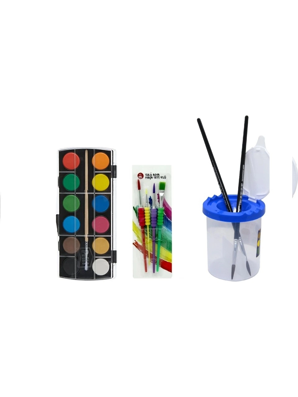 12’li Sulu Boya (Büyük Tablet) + 4’lü Sulu Boya Fırçası + Fırça Temizleme Kabı