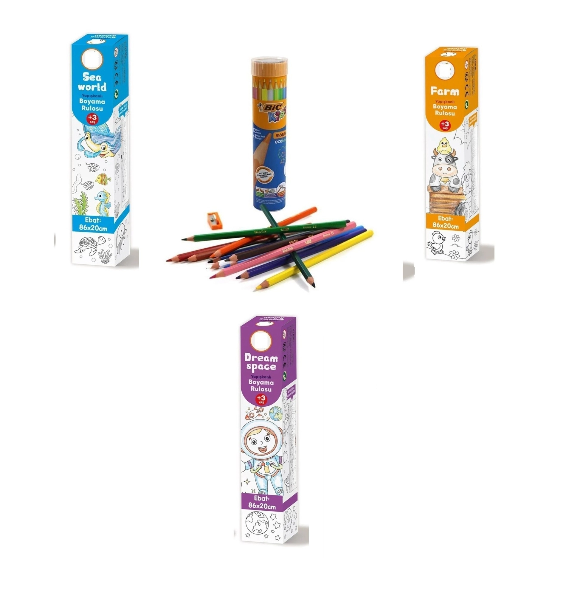 3’lü Yapışkanlı Rulo Resim Boyama Kağıdı (86X20 Cm) + 1 Tüp 12’li Kuru Boya Hediyeli