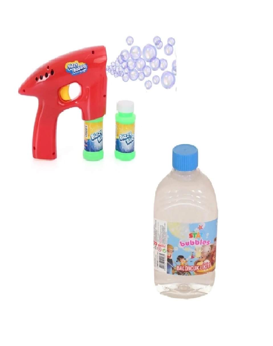Işıklı Pilli Köpük Tabancası - Kırmızı  + Köpük Baloncuk Likiti 500 Ml