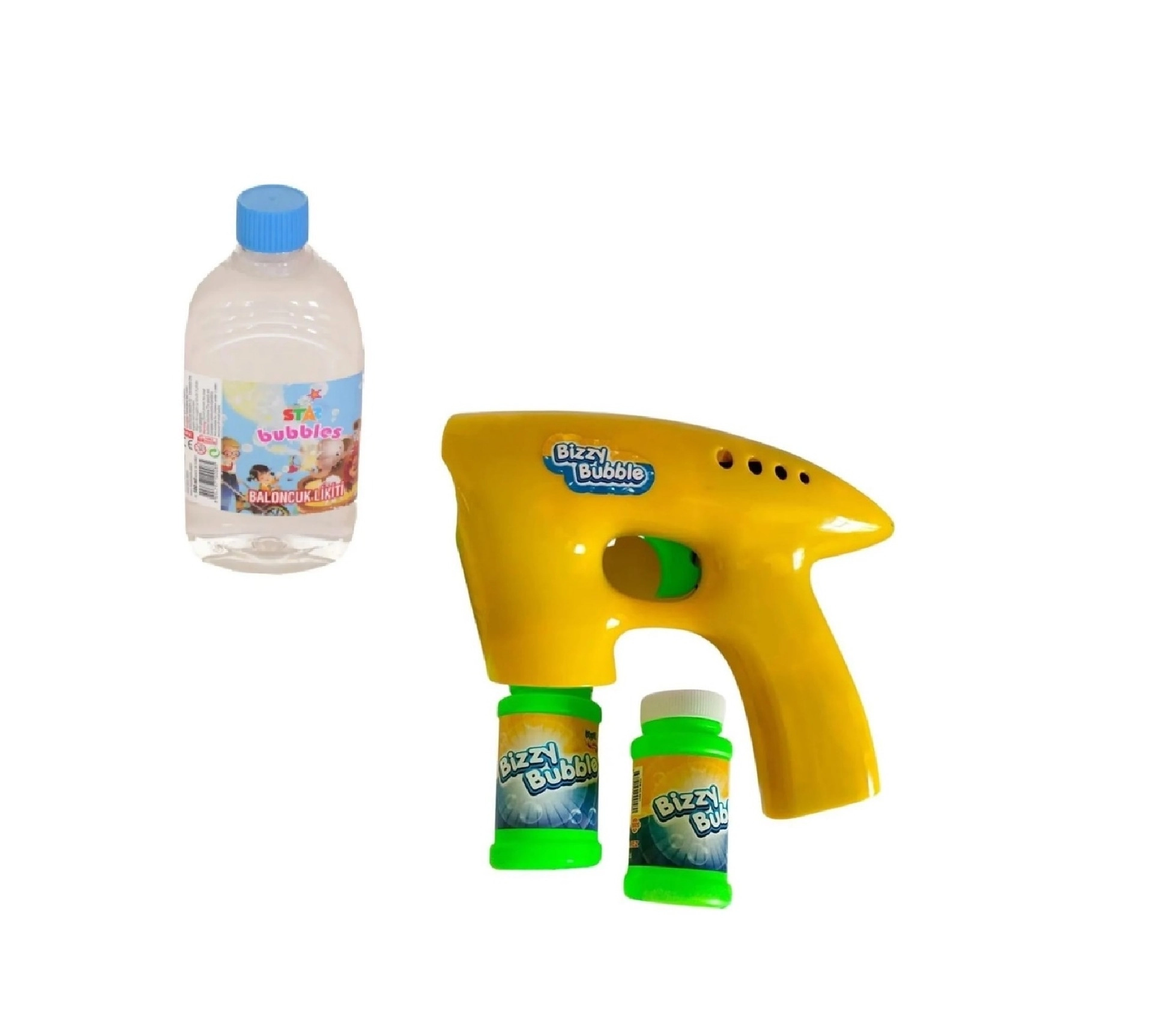 Işıklı Pilli Köpük Tabancası - Sarı  + Köpük Baloncuk Likiti 500 Ml