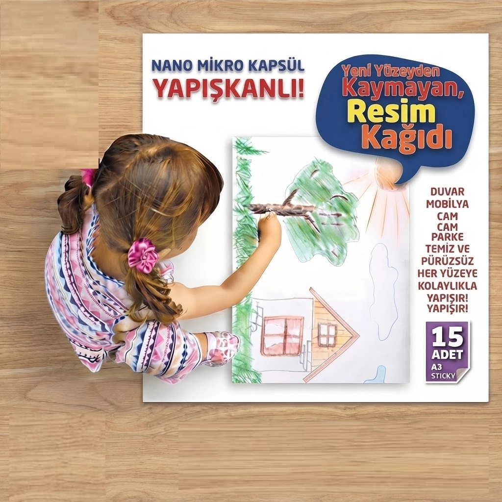 Yapışkanlı Çocuk Boyama Resim Kağıdı A3 Boy 15 SAYFA - 6’lı Boya Kalemi Hediyeli
