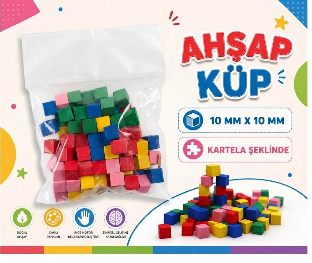 Renkli  Ahşap Bloklar - 100 Adet 10x10 mm
