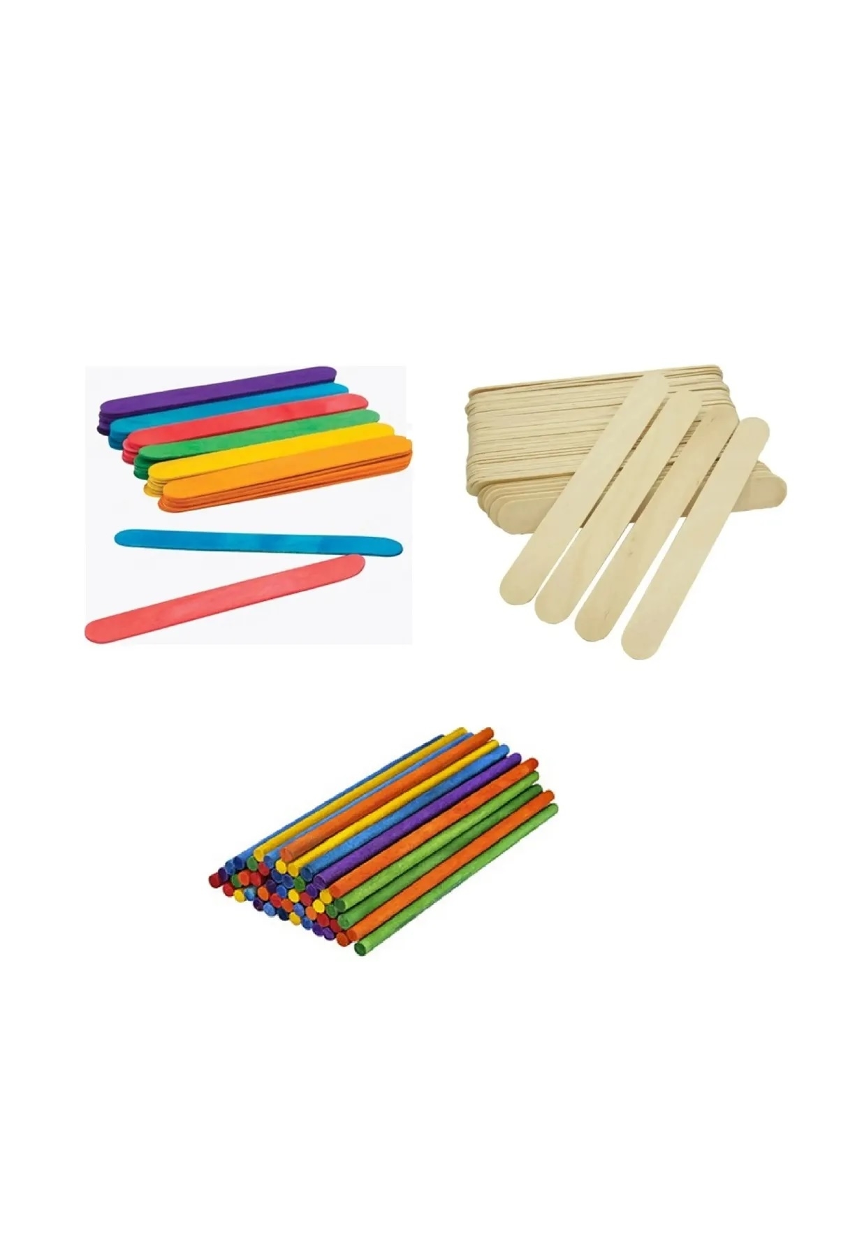 Yuvarlak Renkli Çubuk - Ahşap Çubuk, Muayene Çubuğu, Dil ve Etkinlik Çubuğu 15 cm 50’lik 3’lü Set