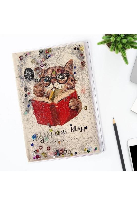 A5 Boy Simli Ve Sulu Çizgili Defter - Kedi