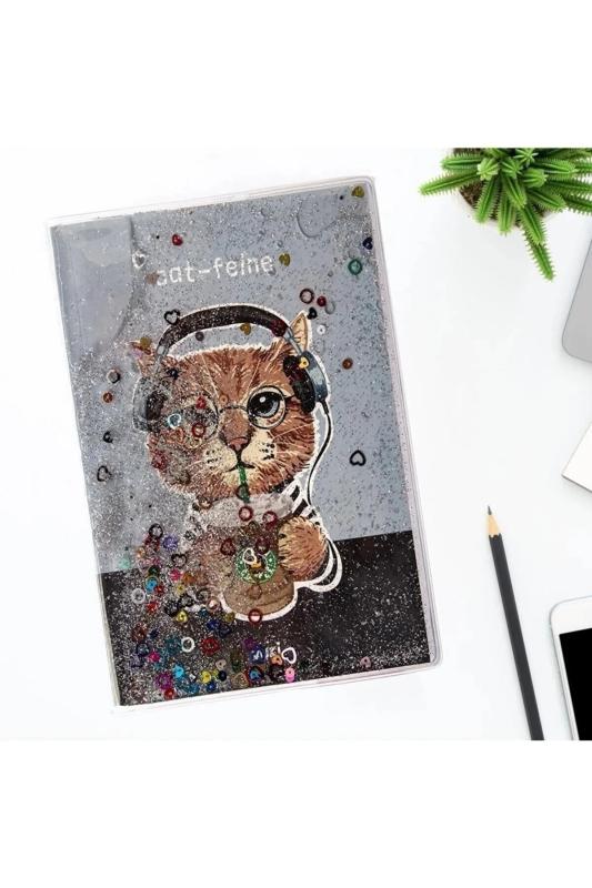 A5 Boy Simli Ve Sulu Çizgili Defter - Kedi