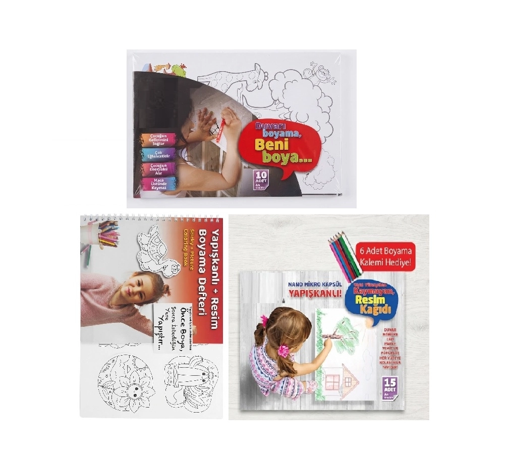 Boyama Kitabı Seti - Yapışkanlı Beyaz ve Resimli Boyama Kağıdı - Stickerlı Boyama Kitabı Pembe