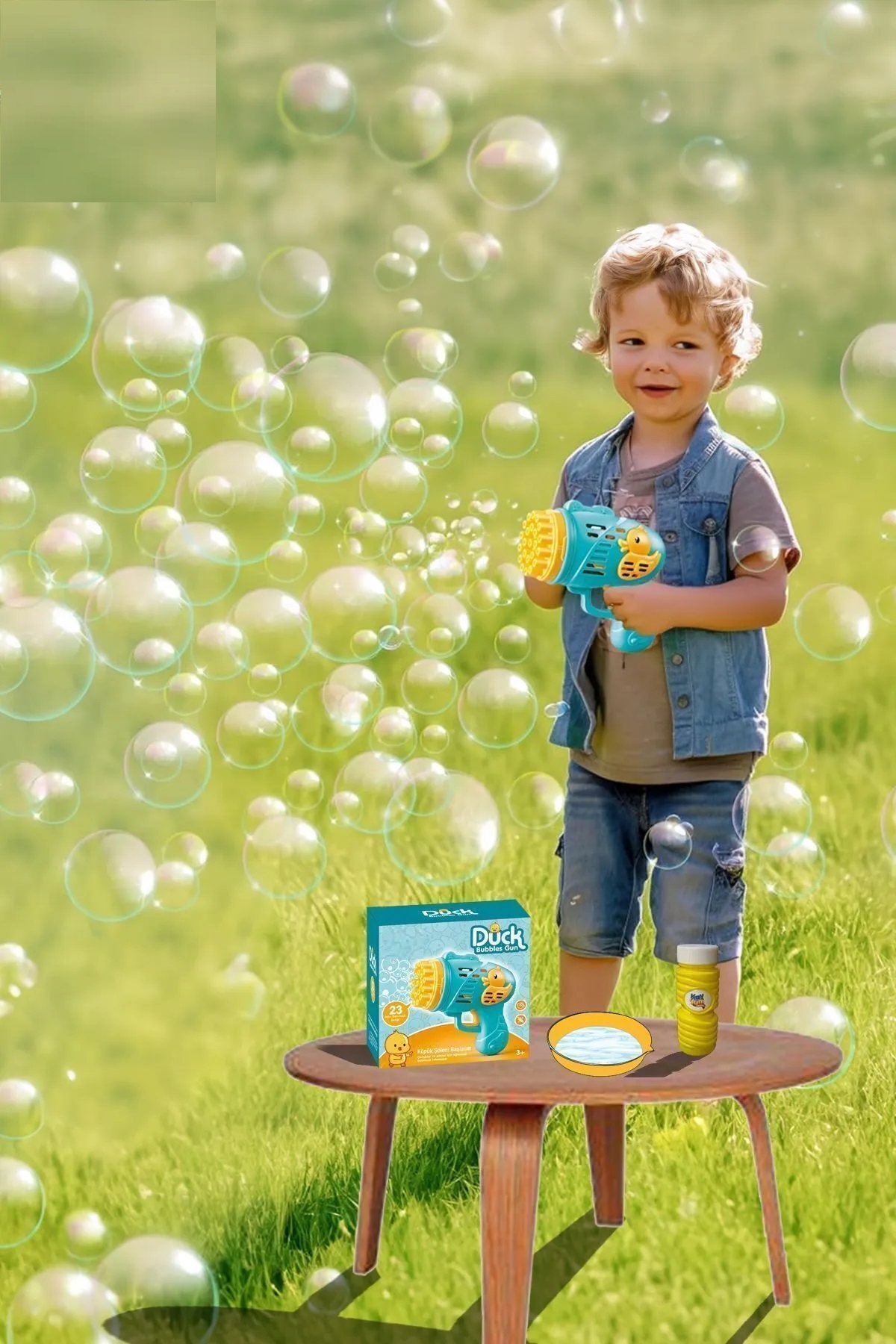 Pilli Köpük Tabanca ( 23 Delikli) - Mavi / Köpük Baloncuk Likiti 500 Ml