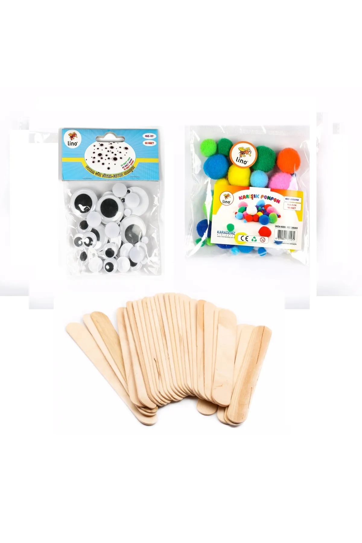 Oynar Göz , Karışık Boy Ponpon, 15 cm’lik Ahşap Dil Çubuğu 3’lü Set