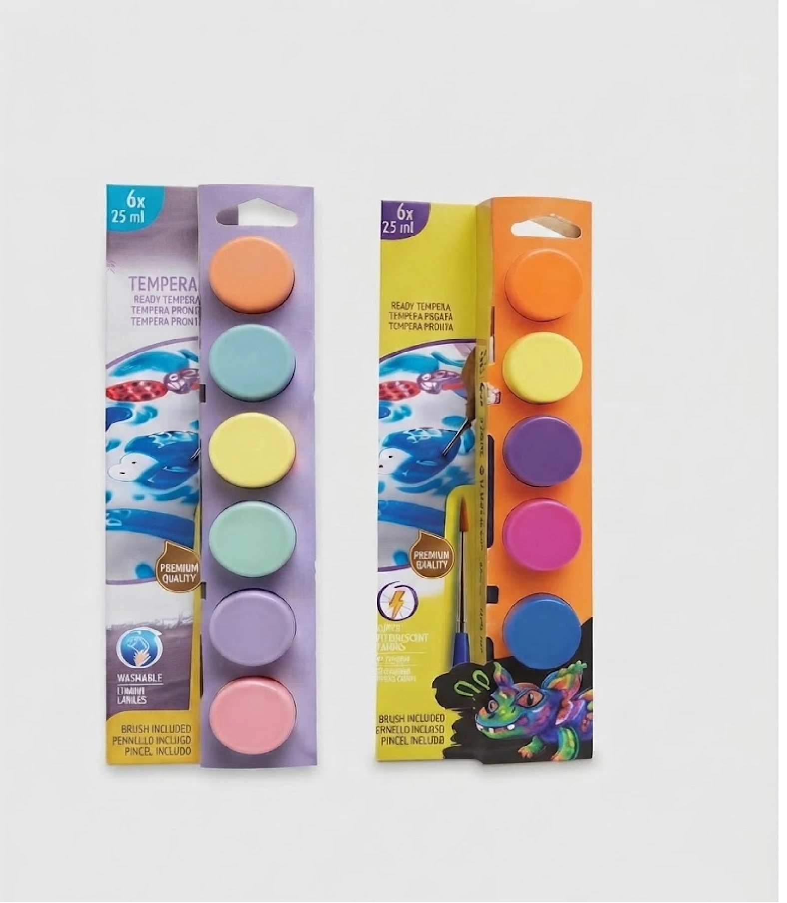 Tempera Yıkanabilir Fırçalı Parmak Boya 25*6 Renk Pastel ve Neon Renkler