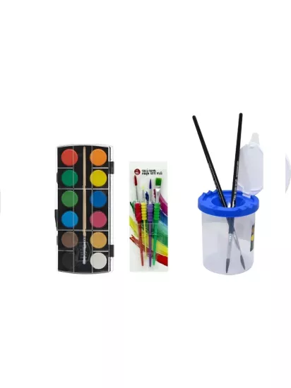 12’li Sulu Boya (Büyük Tablet) + 4’lü Sulu Boya Fırçası + Fırça Temizleme Kabı