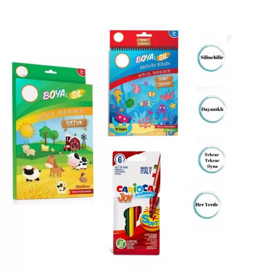 2’li  Boya Sil Aktivite Boyama Kitabı ( Silinebilir) + 6’lı  Keçeli Kalem