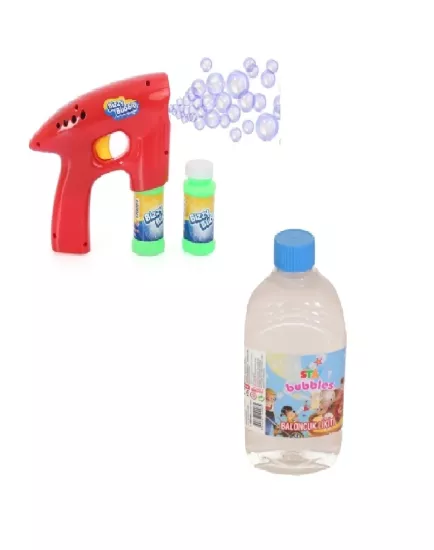Işıklı Pilli Köpük Tabancası - Kırmızı  + Köpük Baloncuk Likiti 500 Ml
