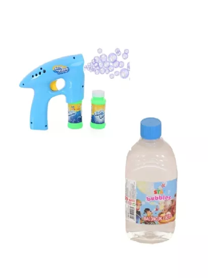 Işıklı Pilli Köpük Tabancası - Mavi  + Köpük Baloncuk Likiti 500 Ml