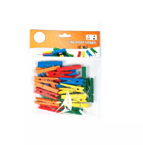 Ahşap Mandal, Renkli, 45 mm. 25 Adetlik 1 Paket