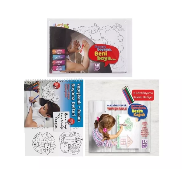 Boyama Kitabı Seti - Yapışkanlı Beyaz ve Resimli Boyama Kağıdı - Stickerlı Boyama Kitabı Mavi