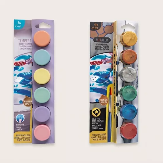 Tempera Yıkanabilir Fırçalı Parmak Boya 25*6 Renk Pastel ve Metalik Renkler