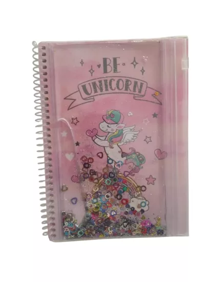 A5 Boy Simli Ve Sulu Şeffaf Kalemlikli Defter - Unicorn