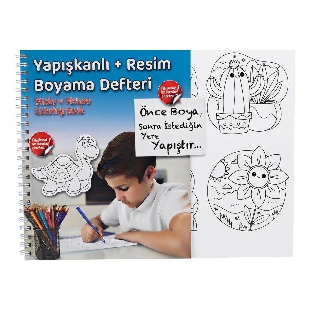 Boyama Kitabı Seti - Yapışkanlı Beyaz ve Resimli Boyama Kağıdı - Stickerlı Boyama Kitabı Mavi